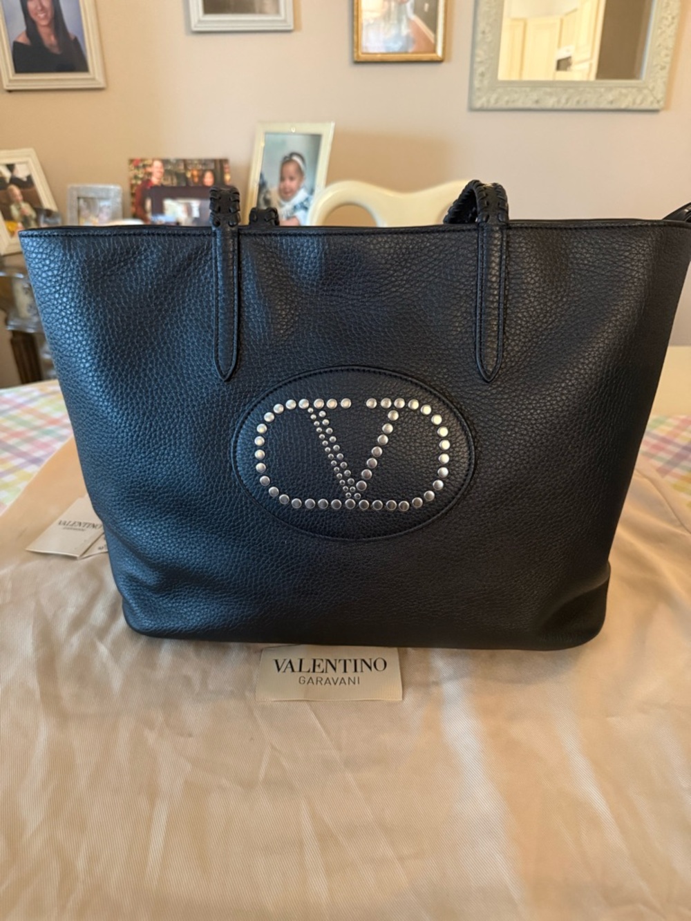 Valentino Garavani Black Pebbled Leather Studded V Tote